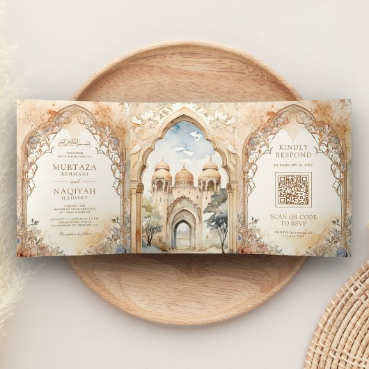 Invitation Trois Volets Code QR de l'arche du palais arabe ancien Mariage
