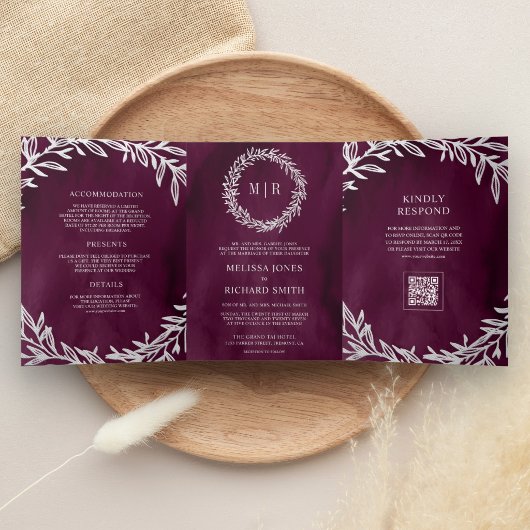 Invitation Trois Volets Code QR de mariage à branche de feuille d'argent d