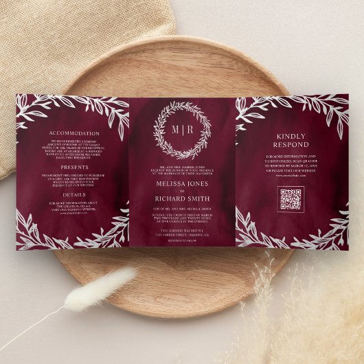 Invitation Trois Volets Code QR de mariage à branche de feuille d'argent d