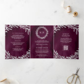 Invitation Trois Volets Code QR de mariage à branche de feuille d'argent d (Intérieur)