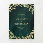 Invitation Trois Volets Code QR de mariage à branche de feuille d'or vert  (Page de couverture)