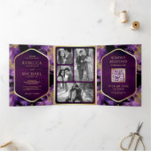 Invitation Trois Volets Code QR de mariage à encre fluide abstraite or vio (Intérieur)