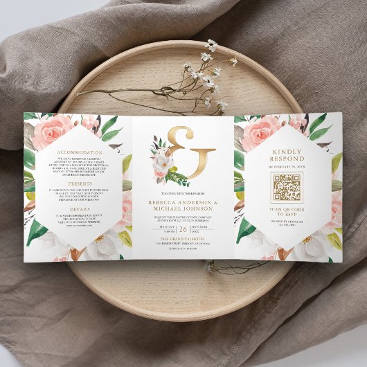 Invitation Trois Volets Code QR de mariage à fleurs rose blush et esperlue