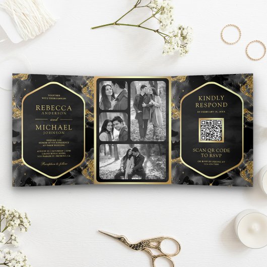 Invitation Trois Volets Code QR de mariage à l'encre fluide abstraite or c