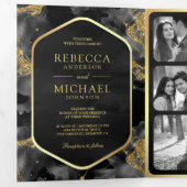 Invitation Trois Volets Code QR de mariage à l'encre fluide abstraite or c (Intérieur en premier)