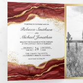 Invitation Trois Volets Code QR de mariage abstrait encre dorée Bourgogne (Intérieur en premier)