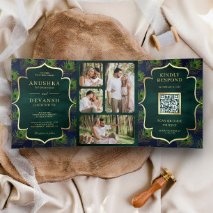 Invitation Trois Volets Code QR de mariage aux plumes de paon vert bleu ma