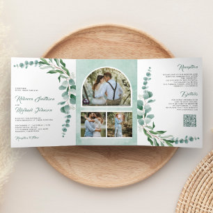 Invitation Trois Volets Code QR de mariage avec collage de photos de branc