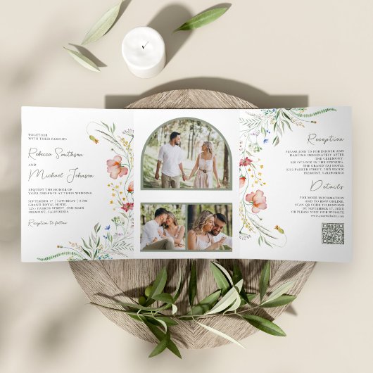 Invitation Trois Volets Code QR de mariage avec collage de photos de fleur