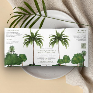 Invitation Trois Volets Code QR de mariage avec palmiers tropicaux et verd