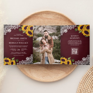 Invitation Trois Volets Code QR de mariage avec tournesol et dentelle en b