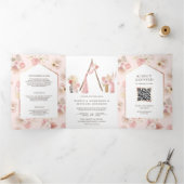 Invitation Trois Volets Code QR de mariage bohème floral rose poussiéreux (Intérieur)