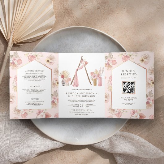 Invitation Trois Volets Code QR de mariage bohème floral rose poussiéreux