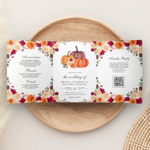 Invitation Trois Volets Code QR de mariage Citrouille Orange Brûlée
