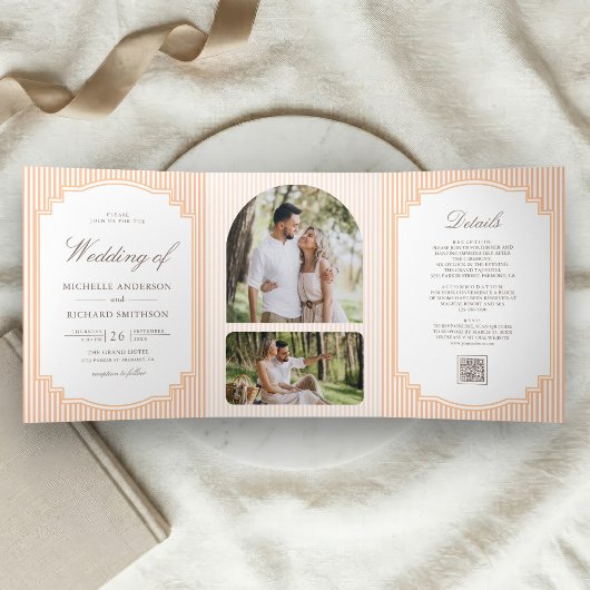 Invitation Trois Volets Code QR de mariage classique rayé orange