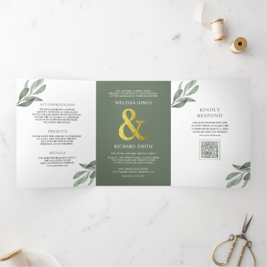 Invitation Trois Volets Code QR de mariage de branche de feuilles d'olive  (Intérieur)