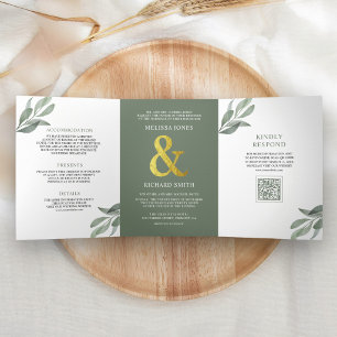 Invitation Trois Volets Code QR de mariage de branche de feuilles d'olive