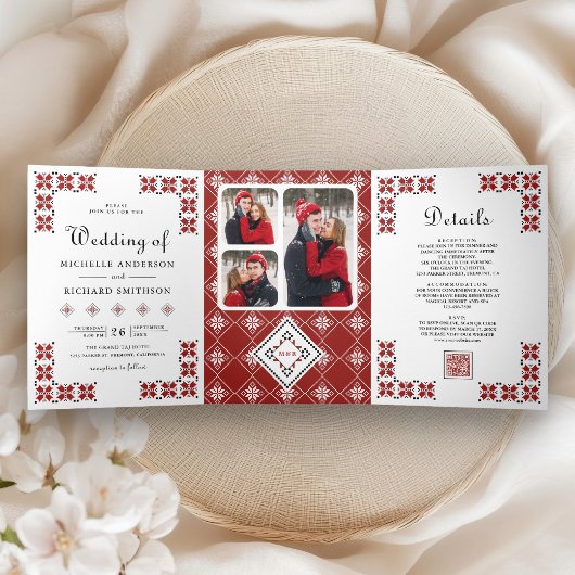 Invitation Trois Volets Code QR de mariage de broderie ukrainienne rouge e