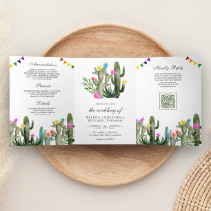 Invitation Trois Volets Code QR de mariage de la Fiesta mexicaine de Cactu