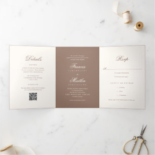 Invitation Trois Volets Code QR de mariage élégant marron romantique