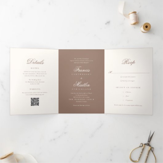 Invitation Trois Volets Code QR de mariage élégant marron romantique (Intérieur)