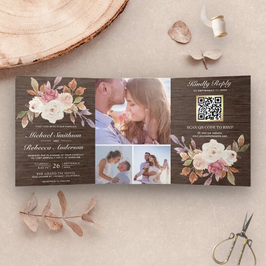 Invitation Trois Volets Code QR de mariage en bois de grange floral ivoire