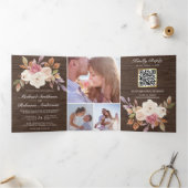 Invitation Trois Volets Code QR de mariage en bois de grange floral ivoire (Intérieur)