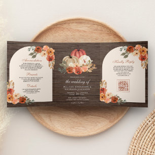 Invitation Trois Volets Code QR de mariage en bois orange brûlé floral cit