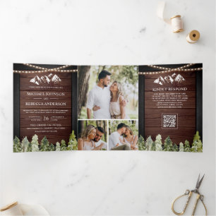 Invitation Trois Volets Code QR de mariage en bois rustique de montagne fo