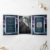 Invitation Trois Volets Code QR de mariage en marbre d'agate bleu et viole (Intérieur)