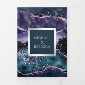 Invitation Trois Volets Code QR de mariage en marbre d'agate bleu et viole (Page de couverture)