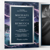 Invitation Trois Volets Code QR de mariage en marbre d'agate bleu et viole (Intérieur en premier)