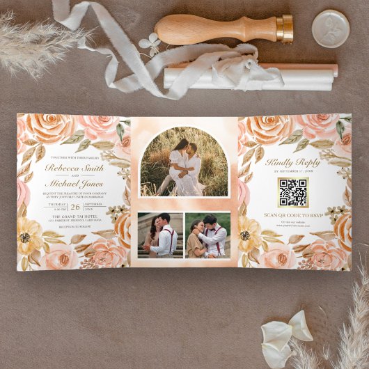 Invitation Trois Volets Code QR de mariage Floral Automne Rustique