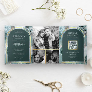 Invitation Trois Volets Code QR de mariage floral sarcelle foncé et écume