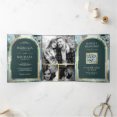 Invitation Trois Volets Code QR de mariage floral sarcelle foncé et écume (Intérieur)