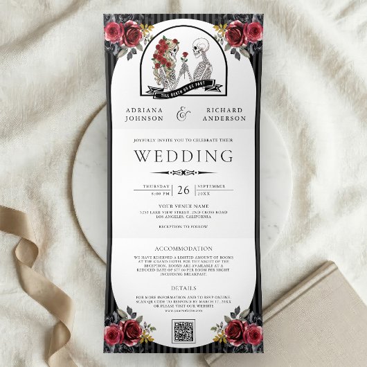 Invitation Trois Volets Code QR de mariage gothique couple de squelettes a