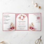 Invitation Trois Volets Code QR de mariage Pampas Floral Rose Grenade (Intérieur)