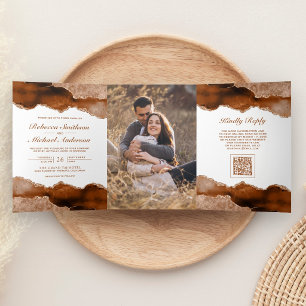 Invitation Trois Volets Code QR de mariage photo en marbre d'agate orange