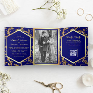 Invitation Trois Volets Code QR de mariage photo flourish or et bleu royal