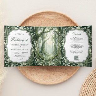 Invitation Trois Volets Code QR de mariage photo forêt enchantée aquarelle