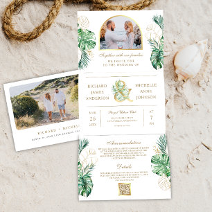 Invitation Trois Volets Code QR de mariage Photo Palmier Monstera Or Tropi
