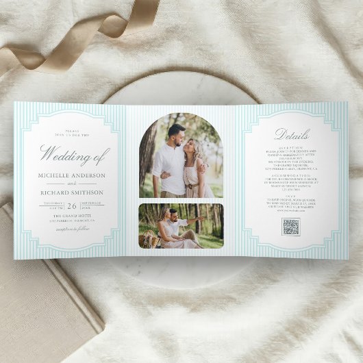 Invitation Trois Volets Code QR de mariage rayé bleu pastel classique