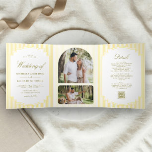 Invitation Trois Volets Code QR de mariage rayé jaune classique