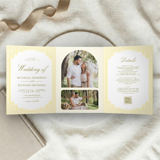 Invitation Trois Volets Code QR de mariage rayé jaune classique
