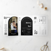 Invitation Trois Volets Code QR de mariage rétro noir écriture boho arche  (Intérieur)