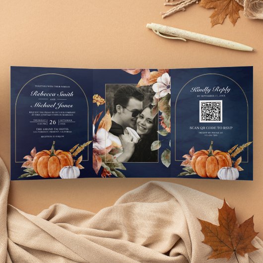 Invitation Trois Volets Code QR de mariage rustique boho citrouille marine