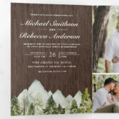 Invitation Trois Volets Code QR de mariage Rustique Bois Forêt de pins de (Intérieur en premier)