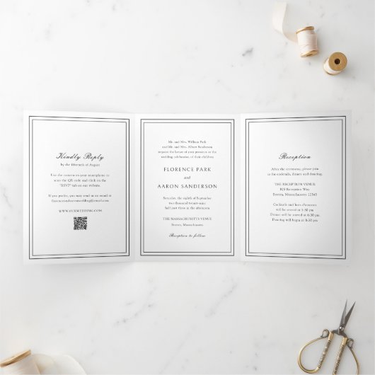 Invitation Trois Volets Code QR de mariage traditionnel noir et blanc (Intérieur)