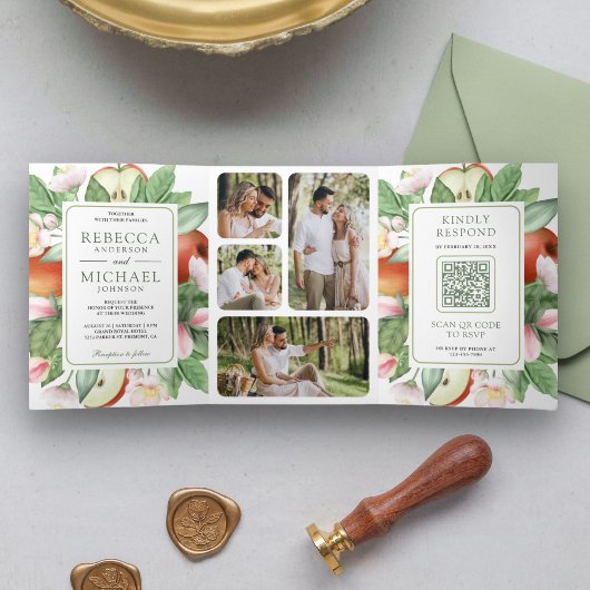 Invitation Trois Volets Code QR de mariage verger de pommiers rouges flora