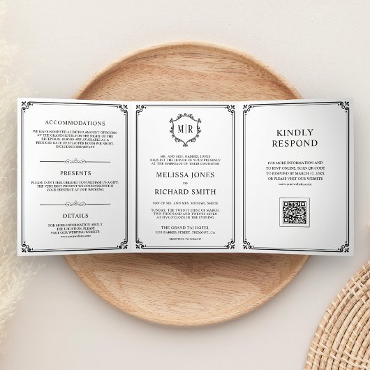 Invitation Trois Volets Code QR de monogramme classique blanc et noir pour